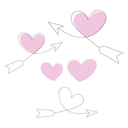 Romantic set of separate elements - arrow, pink heart, heart with arrow, linear flat illustration for Valentine's Day. Cute vector illustration about love, Cupid's arrow, shot in the heart of loveのイラスト素材