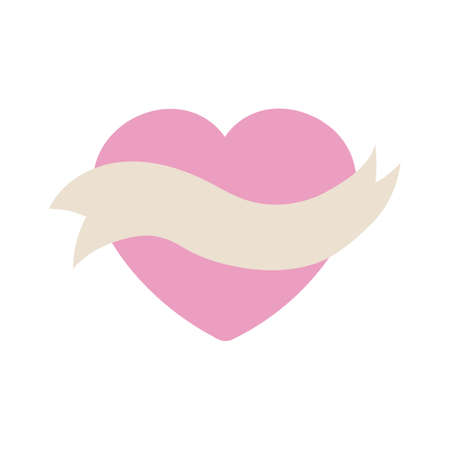 Separate symbol flat pink heart with a ribbon. Isolated heart object for Valentine's Day, can be used as sitker or badge for love and friendship and Valentine's Day themeのイラスト素材