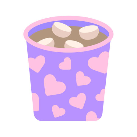 Mug with cocoa and marshmallows. Cute cozy purple cup with pink hearts with hot warm cocoa, simple romantic vector flat illustration, icon. Stock vector illustration isolated on white background.のイラスト素材