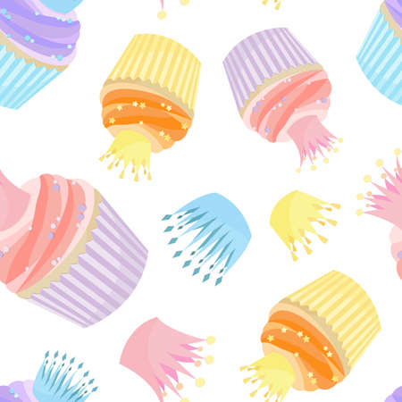 Pattern of cupcakes and cute crowns in pastel colors. Can be used as background for wrapping paper, for baby fabric, baking texture. Children's wallpaper, or wallpaper for a pastry shop.のイラスト素材