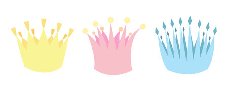Set of cute crowns in three different colors yellow, pink and blue in flat style. Stock vector illustration isolated on white background. Can be used as a sticker, as a separate element for decorationのイラスト素材