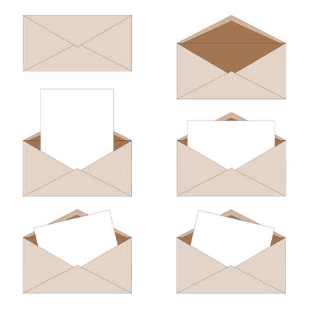 Ordinary paper oblong isolated envelopes, open and closed, with a letter inside. Delivery of correspondence in an envelope. Can be used for example as stickers or icons.のイラスト素材