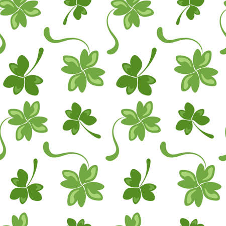 Simple shamrock and clover pattern with highlights. Spring green seamless pattern for St. Patrick's Day. Flat background, texture, wallpaper, wrapping paper, fabric, holiday print, hand-drawn texture.のイラスト素材