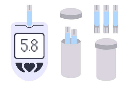 Electronic glucometer set - device for self-determination of blood glucose levels. Diagnostic medical testing tool for people with diabetes. Simple flat glucometer and standard test strips in package.のイラスト素材