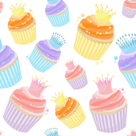 Pattern of cute cupcakes with crowns and confetti in pastel colors. Can be used as background for wrapping paper, for baby fabric, baking texture. Children's wallpaper, or wallpaper for a pastry shop.のイラスト素材