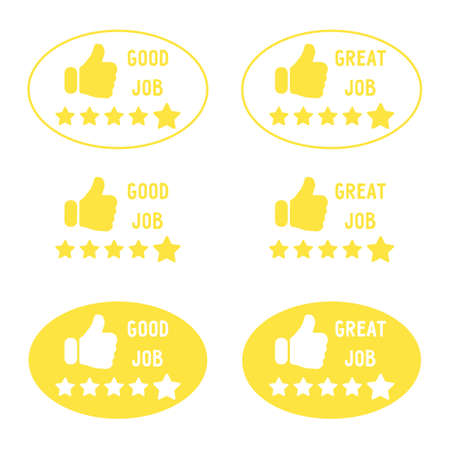 Set of oval badges with stars to assess the level of performance. Good job, great job. Can be used as yellow badges, emblems or stickers. Flat stock vector illustration isolated on white background.のイラスト素材