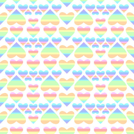 Rainbow seamless colored pattern of hearts. Rainbow gradient from stripes in pastel colors. Cute romantic sweet background that can be used as wrapping paper, fabric print, baby pattern.のイラスト素材