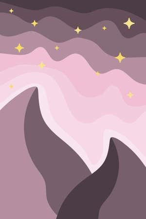 Nature banner with mountains in flat boho style. Illustration of a night landscape with mountains with a starry sky in delicate purple, lilac colors. Vector image of abstract art, minimalist poster.のイラスト素材