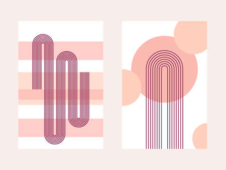 Two abstract posters with boho arches, stripes and circles, in warm autumn colors. Interior wall posters. Boho arch in a minimalistic style. Small simple collection - a couple of minimalistic banners.のイラスト素材