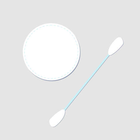 Cotton items for hygiene - cotton pad and ear stick. Cotton sponge for cleaning the face, cotton swab for cleaning the ears. Hygiene products, disinfection, cleanliness of the skin, isolated elements.のイラスト素材
