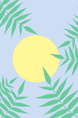 Blue minimalist botanical background with blue sky, yellow sun and green leaves. Trendy vector design with natural and simple shapes like jungle. Decorative wall banner, simple abstract flat poster.のイラスト素材