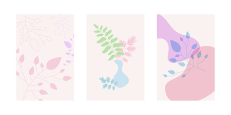 Set of abstract posters with simple shapes and plant elements, branches with leaves. Pink interior minimalist wall posters. Simple collection - three minimalist banners. Colors - pink, blue, purple.のイラスト素材