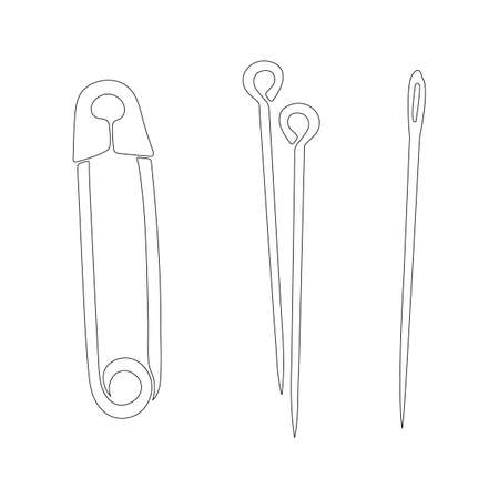 Small set of elements for sewing - needles and pins. Collection of stock elements isolated on white background. Linear sewing elements, sewing workshop concept. Individual objects with black outlineのイラスト素材