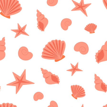 Summer sea seamless pattern of seashells. Seashell pattern, sea coast simple seamless texture or background. Can be used as a print for fabric, for wrapping paper, as wallpaper, summer background.のイラスト素材