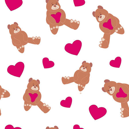 Seamless pattern with teddy bear and heart. Cute romantic pattern. Love children's texture. It can be used as a background, as a wallpaper, as a print, for fabrics, for textiles, for wrapping paper.のイラスト素材