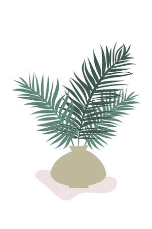 Poster vase with palm branches. Minimalist wall banner, for interior design, in calm pastel colors. Poster composition with vase and palm branches of plants, trees. Boho style, trendy design, modern.のイラスト素材