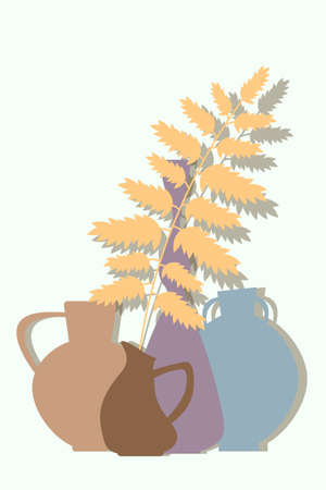 Poster vases with branch. Minimalist wall banner, for interior design, in calm pastel colors. Poster composition with various vases and branches of plants, trees. Boho style, trendy design, modern.のイラスト素材