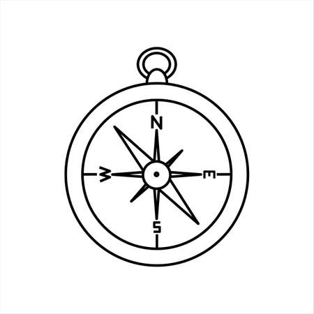Linear black white compass icon. Can be used as a sticker, symbol or sign. Simple stock vector illustration isolated on white background. Outline compass for navigation, hiking, traveling and walking.のイラスト素材