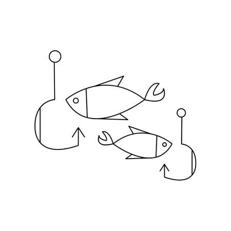 Linear black white fishing icon. Can be used as a sticker, symbol or sign. Simple stock vector illustration isolated on white background. Outline fish with hooks for hiking, traveling and fishing.のイラスト素材