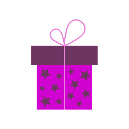 Wrapping gift box with a surprise wrapped in pink, purple or lilac paper. Can be used as an icon, symbol or sign. Stock vector festive illustration gift box with stars, isolated on white background.のイラスト素材