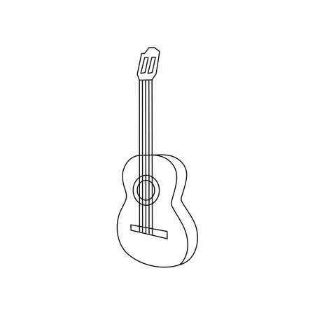 Linear black white guitar icon. Can be used as a sticker, symbol or sign. Simple stock vector illustration isolated on white background. Outline guitar for hiking and traveling, relaxation with music.のイラスト素材