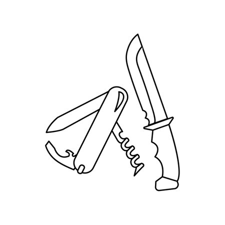 Linear black white knives icon. Can be used as a sticker, symbol or sign. Simple stock vector illustration isolated on white background. Outline knife and pocketknife for hiking and traveling.のイラスト素材