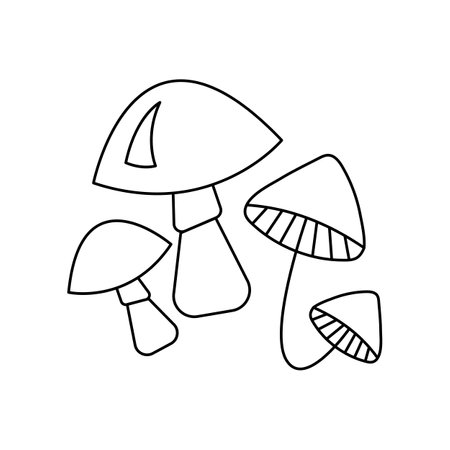 Linear black white mushrooms icon. Can be used as a sticker, symbol or sign. Simple stock vector illustration isolated on white background. Outline mushrooms in the forest for hiking and travelingのイラスト素材