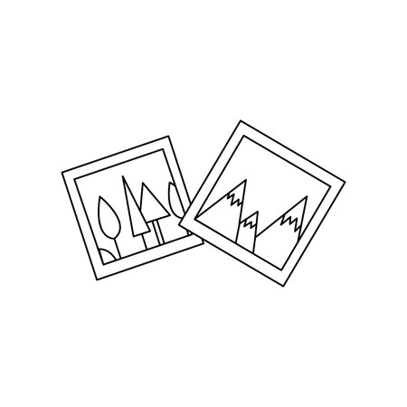 Linear black white nature photography icon. Can be used as a sticker, symbol or sign. Simple stock vector illustration isolated on white background. Outline nature photos for hiking and traveling.のイラスト素材