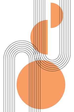 Abstract poster with boho arches, stripes, simple shapes in warm orange colors. Interior wall poster. Boho arch banner in minimalism style. Simple minimalistic wall banner, minimalist orange art work.のイラスト素材