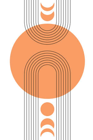 Abstract poster with boho arches, stripes, simple shapes in warm orange colors. Interior wall poster. Boho arch banner in minimalism style. Simple minimalistic wall banner, minimalist orange art work.のイラスト素材