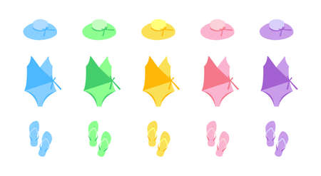 Set of beach summer clothes in different colors for women. Summer wear - swimsuit, flip flops and summer sun hat. Simple vector illustration of summer clothes yellow, pink, purple, blue, green colors.のイラスト素材