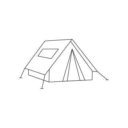 Linear black white tent icon. Simple stock vector illustration isolated on white background. Tent for hiking and traveling. Outline tent for wild life in nature. Can be used as a sticker, symbol, signのイラスト素材
