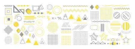 Set of geometric shapes. Memphis design, retro elements for banner, poster, billboard and sale. Vintage collection trendy vector geometric shapes. Memphis style geometric print illustration element.のイラスト素材