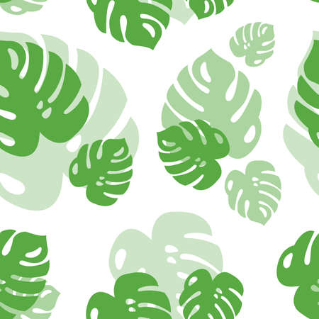 Tropical seamless pattern from monstera leaves. Background from green tropical leaves with transparency and overlay. Stylish summer texture. Spring jungle print from tropics. Monstera fabric, textile.のイラスト素材