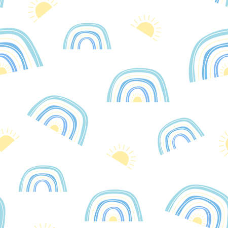 Summer seamless pattern of blue rainbows with suns. Scandinavian boho style, children's print, pastel colors. Boho print, texture from cute rainbows, wallpaper for nursery. For baby fabric and textileのイラスト素材
