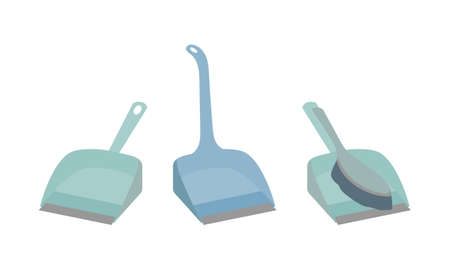 Scoops for cleaning. Dustpan with brush for cleaning dust and dirt. Plastic shovel with handle for sweeping. Sweep the floor, cleaning equipment. Stock vector illustration isolated on white backgroundのイラスト素材