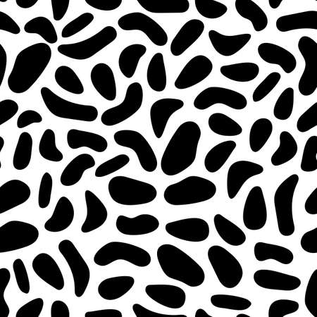 Seamless abstract pattern with black spots. Simple vector texture - white background with black spots. Spotted background, wallpaper, fabric, textile, for wrapping paper, dalmatian print, cow pattern.のイラスト素材