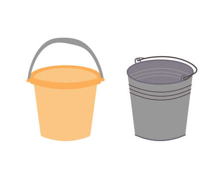 Two different buckets for cleaning. Washing floor pail. Plastic orange water bucket and metal galvanized gray bucket. Manual cleaning equipment. Stock vector illustration isolated on white background.のイラスト素材
