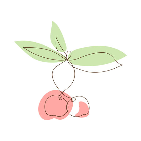 Simple sketch of cherries with leaves, colored abstract spots, doodle style, hand drawn. Cherry line...