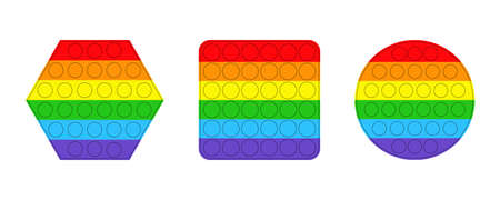 Set of three antistress toys pop it. Toy for children, for fidgets, for relaxation. Anti stress game, three types - square, round and hexagonal colored popit. Rainbow sensory silicone toy with bubblesのイラスト素材