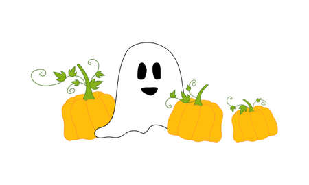 Concept for Halloween - white ghost with orange pumpkins. Can be used as festive Halloween decoration with cute ghost character. Colored simple concept, flat illustration - smiling ghost with pumpkinsのイラスト素材