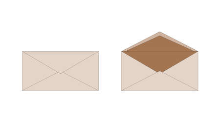 Ordinary brown paper isolated envelopes, open and closed. Delivery of correspondence in envelope. Can be used as stickers, icons, mockups. Stock vector illustration isolated on white background.のイラスト素材