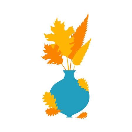 Autumn orange and yellow leaves in blue vase. Autumn concept for postcard, card, for thematic banner, poster. Flat autumn composition, decorative elements. Stock vector illustration, leaves in vase.のイラスト素材
