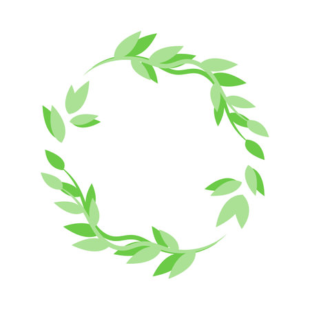 Leaves circular green frame from branches and leaves, simple wreath design. Vector flat leafy ornament, green round frame design template from leaves. Can be used for highlights for social networks.のイラスト素材