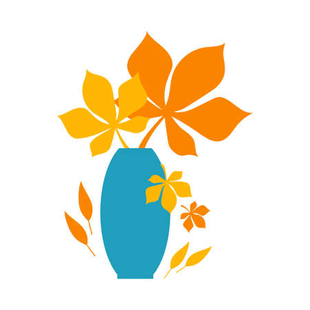 Autumn concept for postcard, card, for thematic banner, poster. Autumn orange and yellow leaves in blue vase. Flat autumn composition, decorative elements. Stock vector illustration, leaves in vase.のイラスト素材