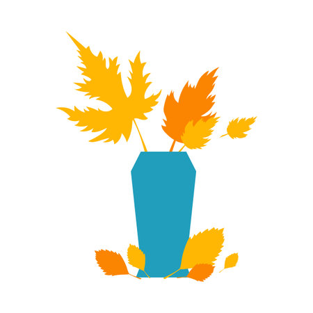 Autumn orange and yellow leaves in blue vase. Autumn concept for postcard, card, for thematic banner, poster. Flat autumn composition, decorative elements. Stock vector illustration, leaves in vase.のイラスト素材