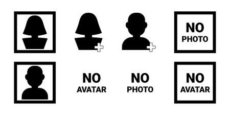 Black silhouette icons, simple social concept - profile, avatar, photo, man and woman person, in frame. Set of simple black icons for dating site, for social networks, for communication on Internet.のイラスト素材