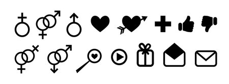 Simple set of black icons for dating site, for social networks, for communication on Internet. Black silhouette icons, simple concept - gender symbols, heart, plus, like or dislike, letters and gift.のイラスト素材