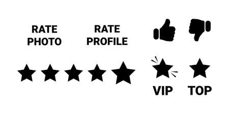 Set of black evaluation icons for dating site, for social networks, for communication on Internet. Black silhouette icons, simple concept - rating with stars, like or dislike, VIP and TOP status.のイラスト素材