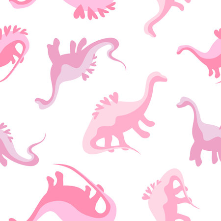 Cute seamless girly dinosaur pattern with hearts on their backs. Children's print with pink dinosaurs, baby pattern for fabric, for textiles, for paper, for nursery decorating. Jurassic cute textureのイラスト素材